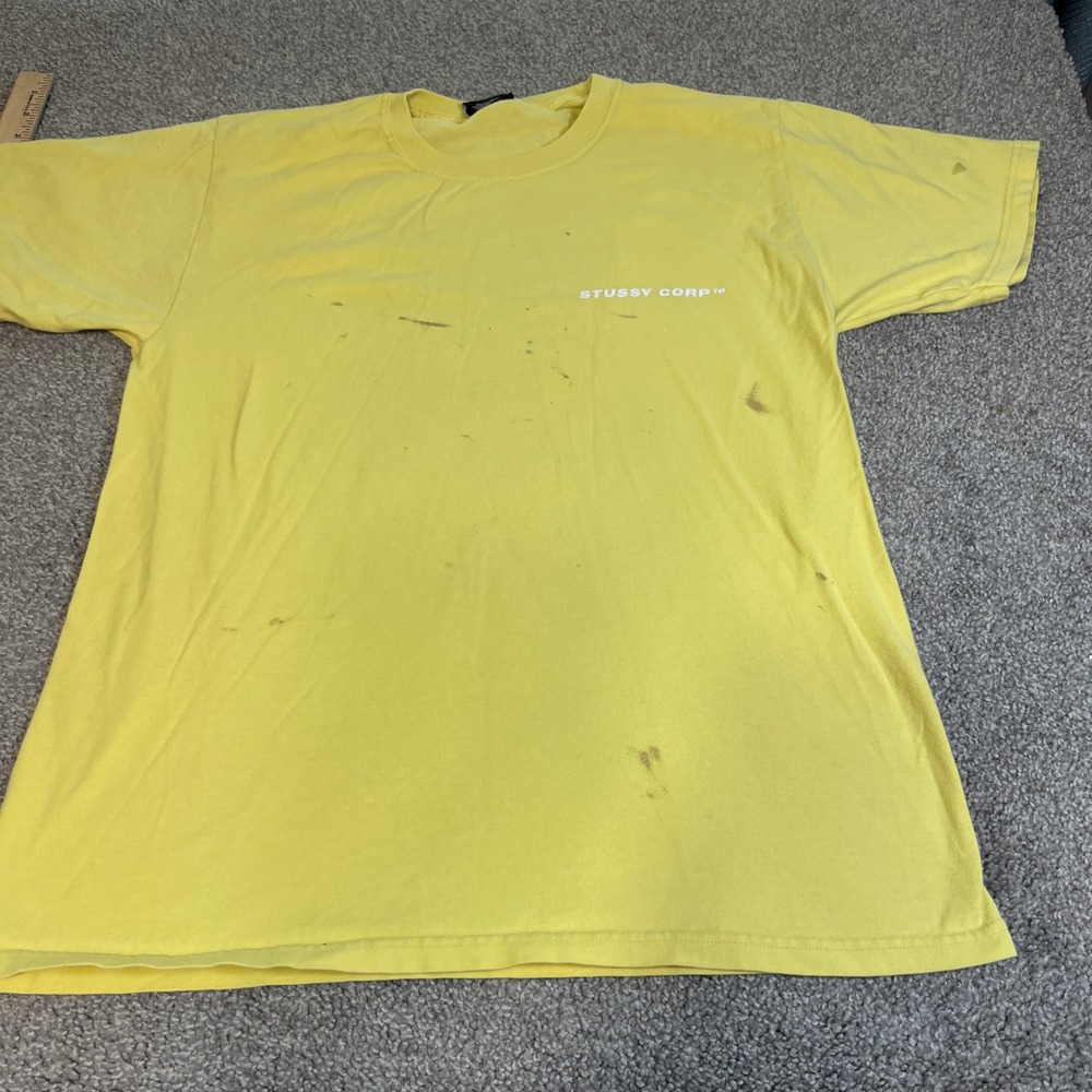 vtg Stussy Shirt Mens Medium Yellow Logo Tee streetwear grungy y2k 90s thrashed
